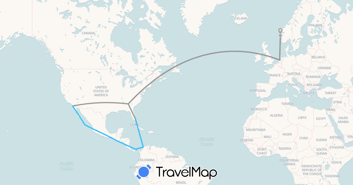 TravelMap itinerary: driving, plane, boat in Colombia, Guatemala, Mexico, Netherlands, Norway, Panama, United States (Europe, North America, South America)